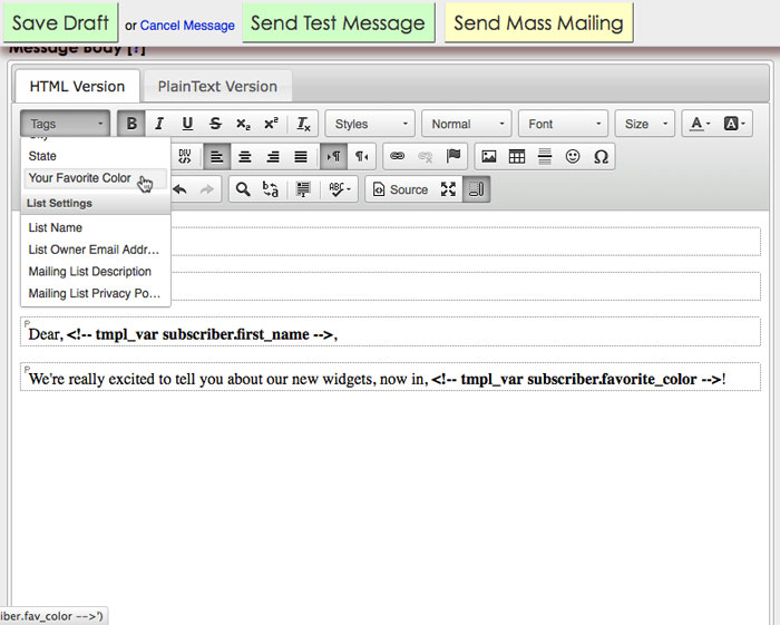 Creating a simple, dynamic message using Dada Mail's Template Tags.